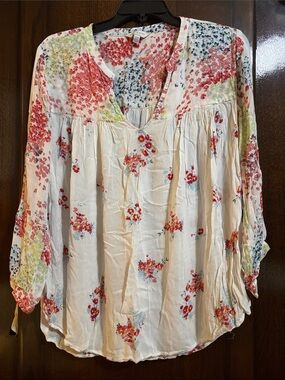 Lucky Brand Cream V-Neck Tunic with Red, Pink & Blue Floral Print